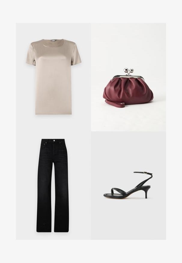 Beige kortærmet T-shirt lavet af glat satin stof med rund halsudskæring og minimalistisk design uden dekorationer.; Sorte brede ben jeans lavet af denim. Har en høj talje, to forlommer og metalknaplukning. Struktureret overflade med minimal blege.; Sort damesandal i læder med tynde remme, en tå-loop, ankelspænde og en mellemhøj stiletthæl på en neutral baggrund.; Lille bordeauxlæder clutch-pung med sølv metal lukning og håndledsrem på hvid baggrund.