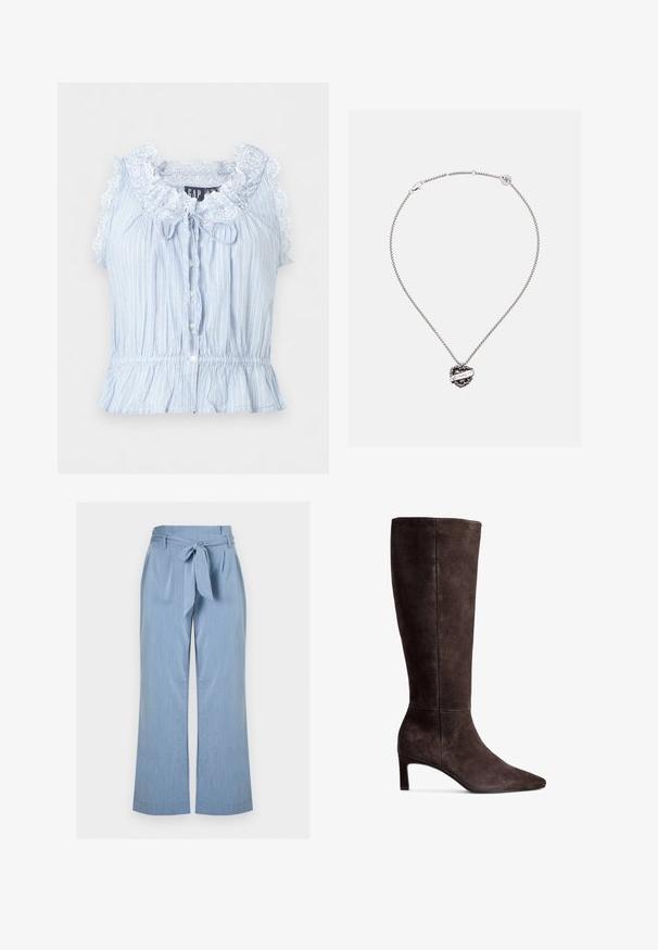 Hellblaue ärmellose Bluse mit weißen vertikalen Streifen, spitzenbesetztem Rüschenkragen, vorderen Knöpfen und elastischem Taillenbund mit Schößchen.; Hellblaue, weit geschnittene Hose mit hoher Taille, einem vorn gebundenen Stoffgürtel und subtiler vertikaler Struktur.; Braune Wildlederkniehohe Stiefel mit spitzer Zehe und 7,5 cm hohem Absatz. Glatte Textur, elegante Silhouette und minimalistisches Design.; Silberne Gliederkette mit einem herzförmigen Anhänger, der ein Band mit der Aufschrift "ED HARDY" auf einem schlichten Hintergrund zeigt.