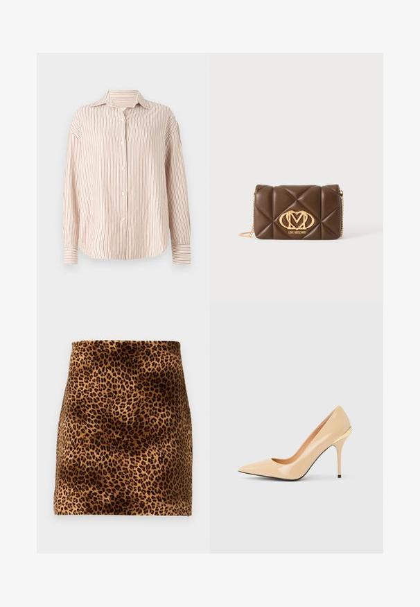 Chemise à boutons rayée en blanc cassé avec de fines rayures verticales rouges. Présente un col évasé et des manches longues avec des poignets à boutons.; Mini-jupe imprimé léopard avec une texture douce, motif marron et noir sur fond beige, silhouette ajustée et bords nets.; Escarpin à talon haut en cuir verni beige avec bout pointu et talon aiguille fin, orné d'un petit accent doré à l'arrière.; Sac à bandoulière en cuir matelassé marron avec bandoulière chaîne dorée et logo Love Moschino doré sur le devant au centre.