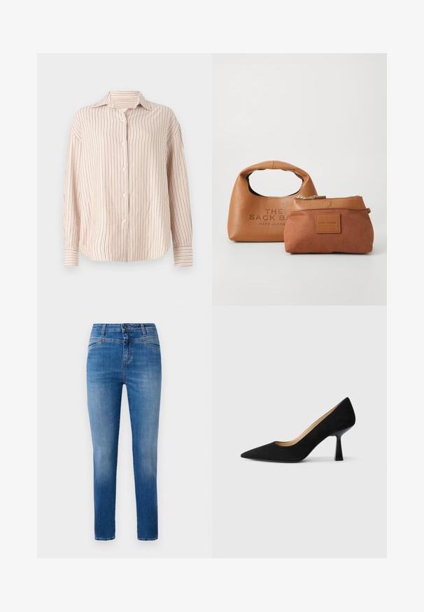 Stribet skjorte i off-white med tynde lodrette røde striber. Har en spread krave og lange ærmer med manchetter.; Klassiske blå denimjeans med lige ben, designet med en mellem høj talje, forlommer og orange stikninger som detaljer.; Sorte ruskinds højhælede pumps med spids tå, der har en blank sort blokhæl og en glat indvendig foring.; Taske af tanfarvet læder med et rundt håndtag og præget logo; indeholder en mindre tanfarvet pung med lynlås og en firkantet mærkeetiket.