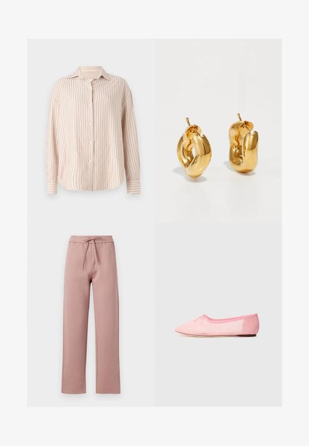 Camisa abotonada a rayas en blanco roto con finas rayas verticales rojas. Presenta un cuello esparcido y mangas largas con puños.; Pantalones de chándal en suave tela rosa, con cintura con cordón, diseño de pierna ancha y dobladillo recto con sutiles detalles de costura.; Bailarina rosa hecha de tejido suave, con punta afilada y un pequeño lazo en la parte superior, además de una suela baja y flexible.; Pendientes de aro grueso en oro con un diseño tubular ligeramente retorcido y cierre de presión, sobre un fondo blanco.