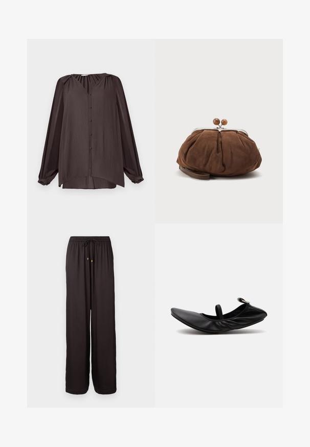 Langrogige, V-hals shirt van glad, gestructureerd stof. Donkerbruine kleur met knopen aan de voorkant en geplooide schouderdetails, asymmetrische zoom.; Losse zwarte broek met elastische tailleband en trekkoord met gouden punten, volledig lengte en rechte pijpen.; Zwarte gevouwen leren ballerina platte schoen met een enkele band en zilveren gesp op een effen lichte achtergrond.; Zachte bruine suède polstasje met zilverkleurige metalen frame en ronde bruine sluitknopjes op een effen lichte achtergrond.