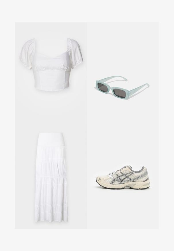 Top blanc court avec des manches bouffantes, fabriqué en tissu léger. Présente un décolleté arrondi et des détails froncés au niveau de la poitrine.; Jupe maxi blanche à volants, réalisée en tissu léger. Elle présente une ceinture élastique et une texture subtile avec des coutures horizontales.; Baskets de course avec une tige en mesh blanc respirant, des accents argentés, des lacets gris et une semelle en caoutchouc noir durable. Design léger et rembourré.; Une paire de lunettes de soleil rectangulaires avec des montures translucides bleu clair et des verres gris foncé, présentant des branches droites et des détails matériels minimaux.