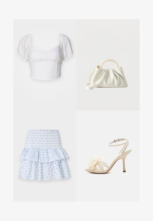 Top blanc court avec des manches bouffantes, fabriqué en tissu léger. Présente un décolleté arrondi et des détails froncés au niveau de la poitrine.; Jupe blanche avec motif floral géométrique bleu, taille smockée et design à volants superposés.; Sandale blanche à talons hauts avec fine bride à la cheville, bout ouvert, et grand détail fleur en tissu sur les brides avant.; Petit sac à main blanc avec un corps froncé, une poignée ronde ornée de perles et une bandoulière amovible sur un fond uni.