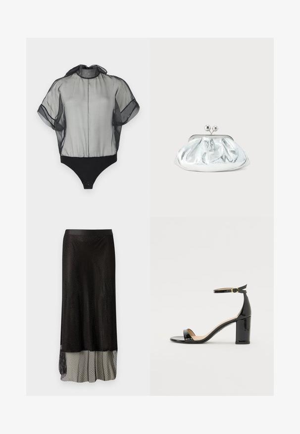 Zwarte doorschijnende bodysuit met korte mouwen, hoge hals, losse transparante stof aan de bovenkant en een stevige, aansluitende onderkant met drukknoopsluitingen.; Zwarte mesh midi-rok met een aansluitende tailleband, open diamanten patroon en een flowy voering aan de onderkant voor extra beweging en textuur.; Zwarte lakleren sandalen met hoge hak, enkelriem en gouden gesp, open teen en blokhak op witte achtergrond.; Kleine zilverkleurige metalen clutch met een afgerond, geplooid ontwerp en een sluiting met twee zilveren bollen.