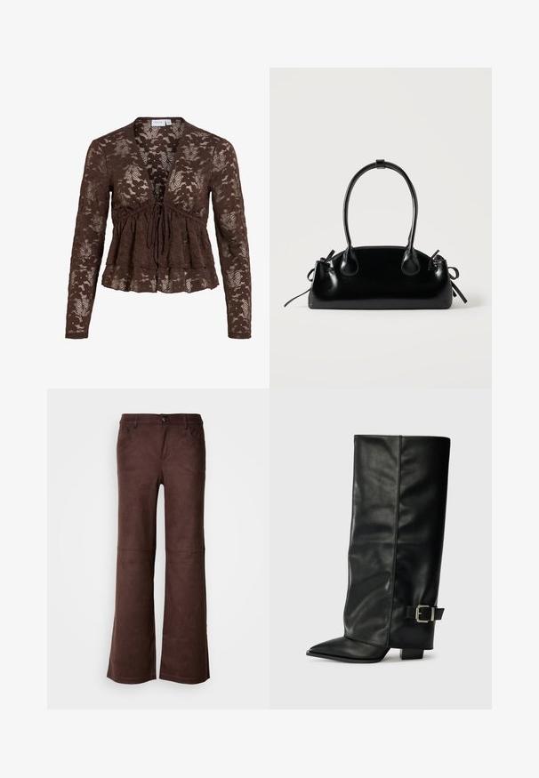 Bruine kanten blouse met lange mouwen met bloemenpatronen, V-hals, strikceintuur en een peplumzoom.; Bruine flared pants van een zachte, suede-achtige stof. Beschikt over vier zakken, een knoopsluiting en een gladde, gestructureerde oppervlakte.; Zwarte leren enkellange laarzen met een spitse neus, een gladde textuur en een zilveren gesps Accent aan de zijkant. Stevige vierkante hak.; Kleine zwarte glanzende handtas met twee lange hengsels en zijkant trekkoord details op een effen lichte achtergrond.