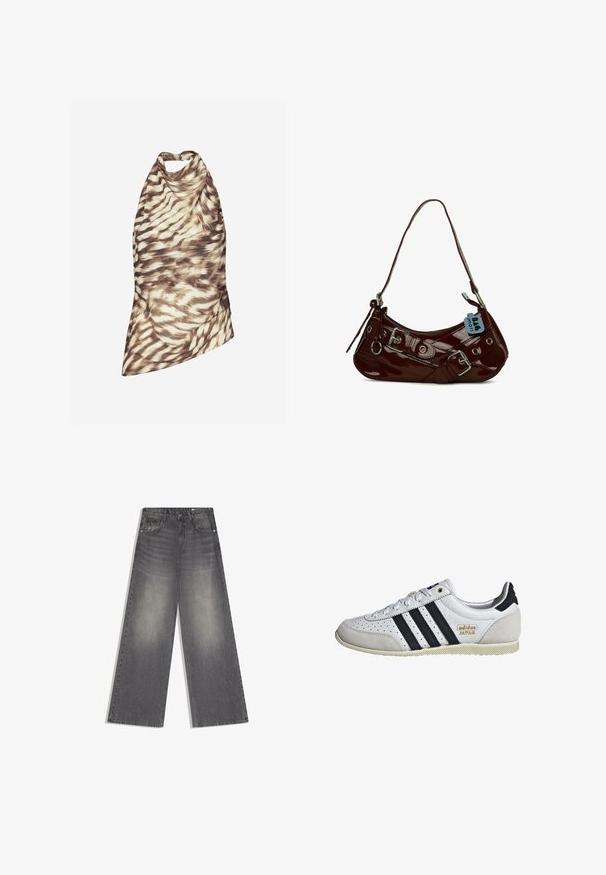 Asymetrický halter top z ľahkej tkaniny s vírovým vzorom v odtieňoch krémovej a hnedej, s prekrúteným výstrihom a zdobeným dizajnom.; Široké rifle so zvýšeným pásom v sivej farbe s vyblednutými detailmi, predným zapínaním na gombík a zipsom a vreckami na bielom pozadí.; Biele tenisky s čiernymi pruhmi a zlatým brandingom. Obsahujú semišové a kožené materiály, perforovaný zvršok a textúrovanú gumovú podrážku.; Burgundská lakovaná kožená taška s klenutým tvarom, so striebornými kovovými doplnkami a dekoratívnou sponou. Obsahuje krátky popruh a zipsové uzatváranie.