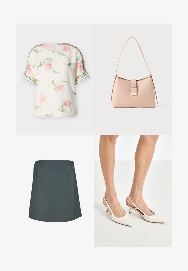Roomkleurige blouse met korte mouwen, roze bloemenprint en groene bladeren, met decoratieve groene en blauwe randpatronen op de mouwen.; Donkergroene, knielange rok met een gladde textuur, voorzien van een platte tailleband en subtiele plooien aan de voorkant. Eenvoudig, functioneel ontwerp.; Beige gepatineerde leren slingback hakken met een spitze neus en een hak van 5 cm, met uitsparingen aan de zijkanten en een dunne enkelband.; Lichtroze handtas met een gebogen vorm, gemaakt van een gestructureerd materiaal. Heeft een platte riem en een goudkleurig sluitingsdetail aan de voorkant.