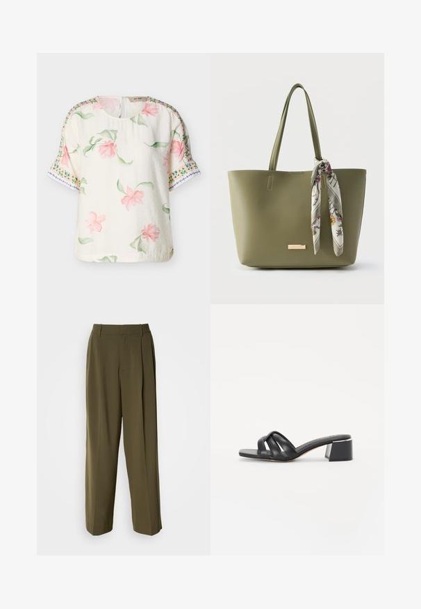 Blouse courte à manches courtes crème avec imprimé floral rose et feuilles vertes, ornée de motifs décoratifs en bordure verte et bleue sur les manches.; Pantalons à jambes larges vert olive en tissu lisse, dotés d'une taille haute, de plis sur le devant et de poches latérales pour plus de fonctionnalité.; Mules à talons en cuir noir avec un bout carré, des bandes croisées, un petit talon large et une texture lisse avec un accent brillant sur le talon.; Sac cabas vert olive avec double poignées et une écharpe à motif floral attachée à une poignée.