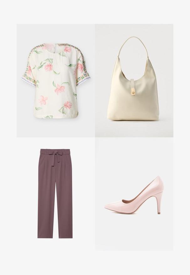 Roomkleurige blouse met korte mouwen, roze bloemenprint en groene bladeren, met decoratieve groene en blauwe randpatronen op de mouwen.; Plumkleurige wijde broek met een ceintuur, geplooid front en een zachte textuur. Beschikt over zijzakken en een op maat gemaakte uitstraling.; Roze lakleren hoge hak schoen met een puntige neus en een slanke hak. Gladde textuur met een glanzende afwerking. Geen zichtbare accenten of patronen.; Crèmekleurige leren hobo-tas met een enkele schouderband, een gladde textuur en een goudkleurige sluiting aan de voorkant.