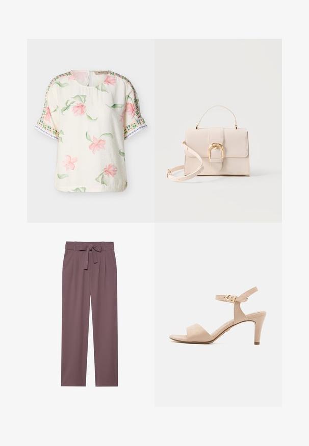 Blouse courte à manches courtes crème avec imprimé floral rose et feuilles vertes, ornée de motifs décoratifs en bordure verte et bleue sur les manches.; Pantalons larges de couleur prune avec une taille ceinturée, un devant plissé et une texture lisse. Comprend des poches latérales et un design ajusté.; Sandale à talons hauts en suède beige avec une sangle de cheville étroite, une ouverture à l'avant et un talon effilé de 7,5 cm; présente un détail de boucle en or.; Sac à main beige structuré avec poignée supérieure, bandoulière détachable et boucle arquée couleur or sur un fond clair.