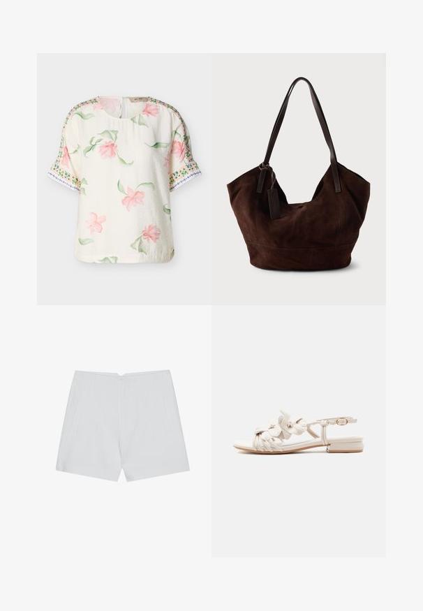 Kortærmet cremefarvet bluse med rosa blomstermønster og grønne blade, med dekorative grønne og blå kantmønstre på ærmerne.; Hvide shorts med et skræddersyet design, flad front, to sidelommer og en ren kant. Fremstillet af et glat stof uden synlige mønstre.; Hvid flad sandal med ankelrem, dekorative læderblomster foran og lav blokhæl på neutral baggrund.; Brun ruskind taske med en blød, slouchy form. Har læderhåndtag og et tag-accent. Enkelt tekstur med buede sømme.