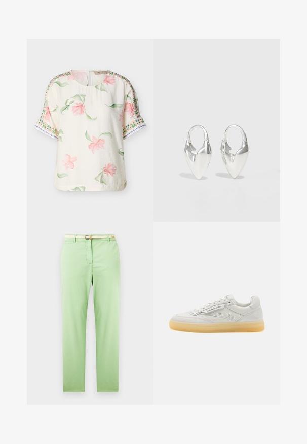 Blouse courte à manches courtes crème avec imprimé floral rose et feuilles vertes, ornée de motifs décoratifs en bordure verte et bleue sur les manches.; Pantalon en coton vert clair avec une coupe droite, doté d'une ceinture tissée beige, de poches avant et sans motifs ni ornements visibles.; Basket blanche en cuir avec des accents perforés, bout rond et semelle en caoutchouc crème. Présente des coutures ton sur ton et un design minimaliste.; Otiumberg ROSCIDA HEART HOOPS - Boucles d'oreilles - silver-coloured
