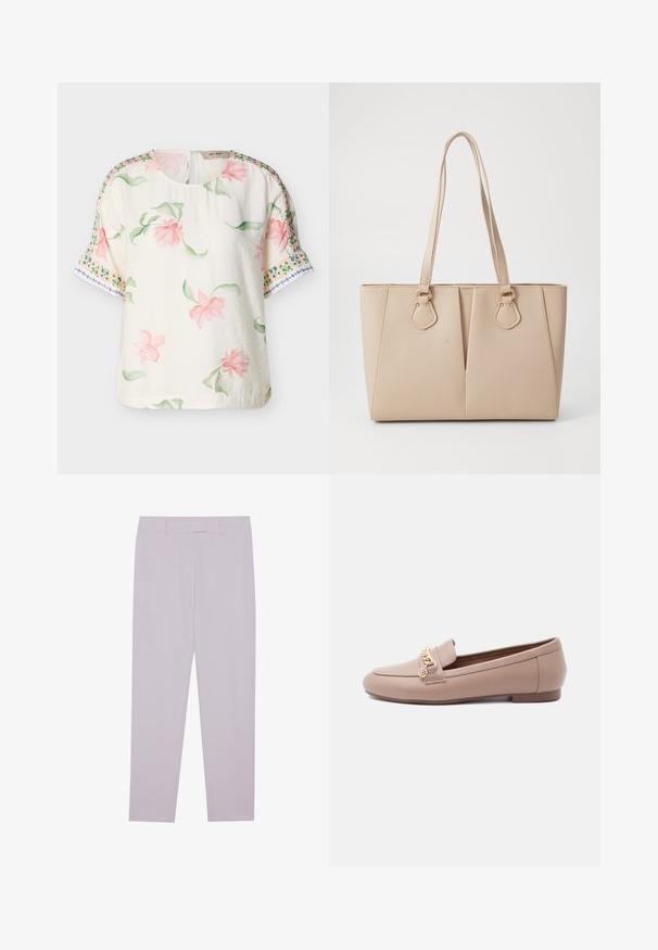 Blouse courte à manches courtes crème avec imprimé floral rose et feuilles vertes, ornée de motifs décoratifs en bordure verte et bleue sur les manches.; Pantalons violet clair en tissu lisse, dotés d'une coupe ajustée, de passants de ceinture et d'une coupe droite.; Mocassin plat en cuir beige avec bout rond et détail chaîne dorée sur le dessus, présenté sur un fond blanc uni.; Sac fourre-tout beige en faux cuir texturé, doté de poignées doubles et d'accents en métal doré. Le design présente un détail avant fendu.