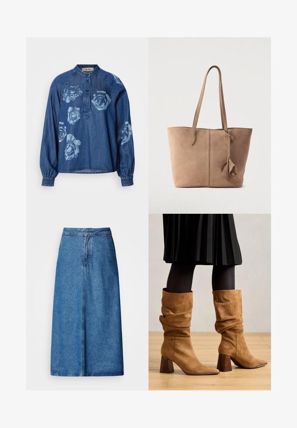 Denim shirt in donkerblauw met een relaxte pasvorm. Kenmerkt zich door bloemenprints in lichtblauw, een knoopsluiting en elastische manchetten voor een geplooid effect.; Denim midi-rok met een ontspannen pasvorm, voorzien van een hoge taille, rafelige zoom en een effen blauwe kleur. Eenvoudig ontwerp zonder zichtbare versieringen.; Bruine suède slouchy enkellaarzen met puntige neuzen en gestapelde houten hakken. Gedragen met zwarte panty’s en een geplooide zwarte rok.; Suède shopper in gedempte beige kleur met twee lange hengsels, een eenvoudig ontwerp en een geknoopte accentdetail aan de zijkant. Overal een gladde textuur.