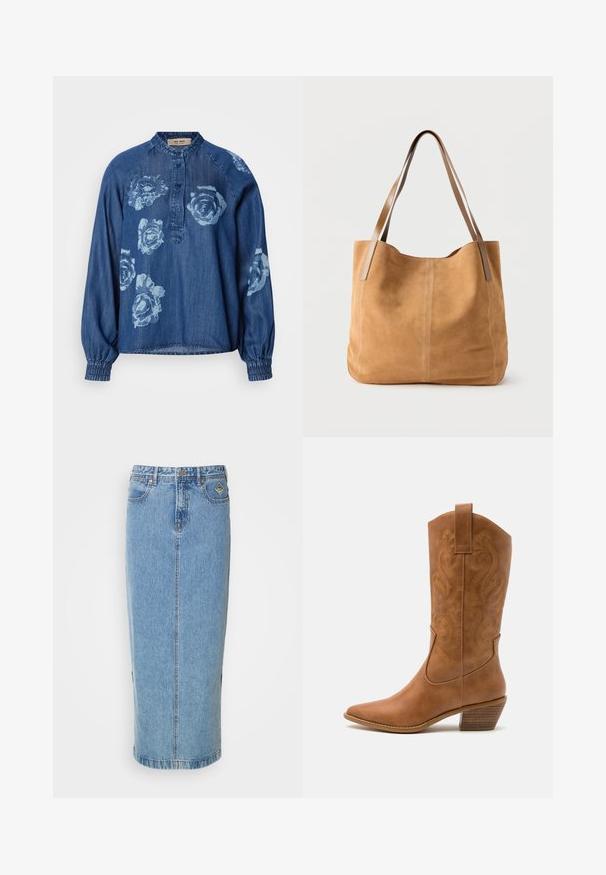 Denimskjorte i mørkeblå med afslappet pasform. Har blomsterprint i lyseblå, knaplukning og elastiske manchetter for en samlet effekt.; Lysblå denim midi-nederdel med lige silhuet, frontknaplukning og sidelommer. Har diskret syning og et mærke patch.; Tan læder cowboystøvle med spids tå, broderede svirvelmønstre på skaftet og en stablet blokhæl. Har en træksløjfe for nem af/på.; Beige ruskindtaske med lange lysebrune læderstropper, blød tekstur og enkel syning på en ensfarvet hvid baggrund.