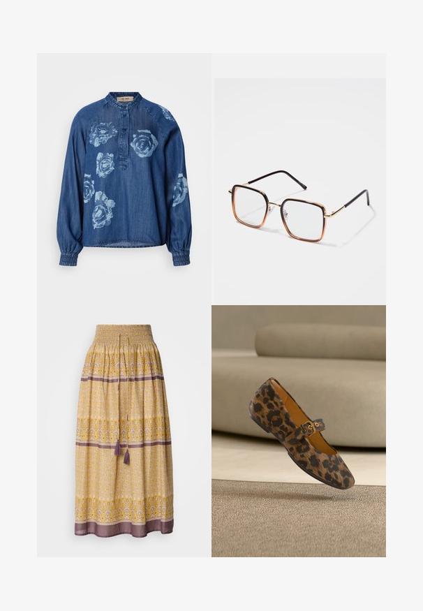 Denimskjorte i mørkeblå med afslappet pasform. Har blomsterprint i lyseblå, knaplukning og elastiske manchetter for en samlet effekt.; Gul maxi-nederdel med smock-liv, blomster- og geometriske mønstre i hvid og lilla, med to lilla kvaster ved livet.; Brun og sort leopardprint flad sko med guldfarvet spænde, placeret på beige tæppe foran en beige sofa.; Kvadratiske briller med metalramme i gyldent tone og brune gradientkanter, med sorte stænger og justerbare næsepuder.