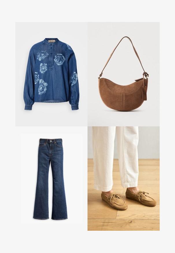 Dunkelblaue Jeanshemd mit lässiger Passform. Verfügt über florale Drucke in Hellblau, eine Knopfleiste und elastische Bündchen für einen gerafften Effekt.; Hochtaillierte dunkelblaue Jeans mit ausgestellten Beinen, Vorderknopf- und Reißverschluss sowie Fünf-Taschen-Design.; Braune Wildleder-Bootsschuhe mit Schnürsenkeln, abgerundeter Zehenpartie und gesteppten Akzenten. Getragen mit weißen Cordhosen in einer Holzumgebung.; Braune Wildleder-Handtasche mit geschwungener, halbmondförmiger Form. Verfügt über einen Schulterriemen, ein kleines Etikett und sichtbare Nähte entlang der Kanten.