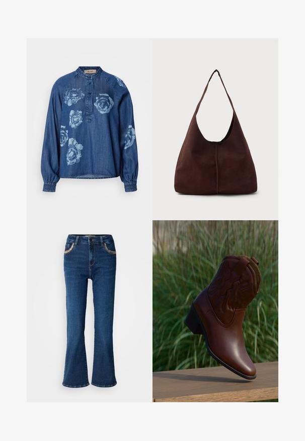 Denimskjorte i mørkeblå med afslappet pasform. Har blomsterprint i lyseblå, knaplukning og elastiske manchetter for en samlet effekt.; Mørkeblå brede jeans med en glat denimoverflade, kontrasterende gyldne syninger og forlommer. Klassisk fem-lomme design.; Brun læder cowboystøvle med dekorative syninger, vinklet opad på en træflade med sløret grønt græs i baggrunden.; Brun suedette hobo taske med en stor, buet åbning og en bred skulderrem. Har en centreret søm på forsiden. Glat tekstur.