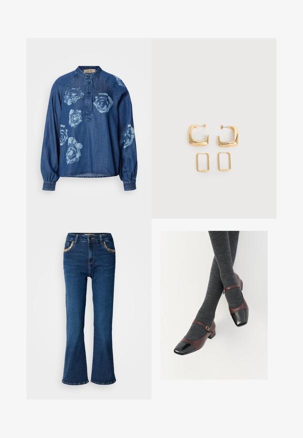 Denim shirt in donkerblauw met een relaxte pasvorm. Kenmerkt zich door bloemenprints in lichtblauw, een knoopsluiting en elastische manchetten voor een geplooid effect.; Donkerblauwe uitlopende jeans met een gladde denimtextuur, contrasterende gouden stiksels en voorzakaccenten. Klassiek vijf-pocketontwerp.; Bordeaux leren Mary Jane-schoenen met een zwarte laktoecap en dunne enkelband; gedragen met donkergrijze geribde sokken. Lage blokhak.; Twee paar gouden geometrische creolen op een effen witte ondergrond, een paar vierkant en massief, een paar rechthoekig en hol.