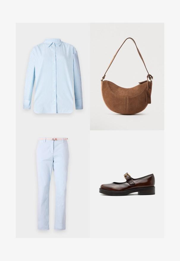 Blau- und weiß gestreiftes Langarmhemd mit umlegbarem Kragen und geradem Schnitt. Weicher Stoff mit sichtbaren Knöpfen und Manschettendetails.; Hellblaue Chinos mit geradem Bein, aus Baumwollstoff und einem gewebten rosa Gürtel mit einer Metallschnalle. Mit flachen Fronttaschen.; Dunkelbrauner Mary Jane Schuh mit glänzendem Finish, runder Spitze, niedrigem Blockabsatz und goldener Schnalle über dem Spann.; Braune Wildleder-Handtasche mit geschwungener, halbmondförmiger Form. Verfügt über einen Schulterriemen, ein kleines Etikett und sichtbare Nähte entlang der Kanten.
