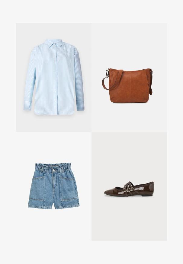 Sinine ja valge triibuline pikkade varrukatega särk, millel on nööpidega kaelus ja sirge lõige. Pehme kangas, nähtavad nööbid ja mansettide detailid.; Denim lühikesed püksid elastse vöökoha ja helesinise värviga, nelja tasku ja nähtava õmbluse detailiga õmbluste kohal.; Pruun lakknahast madal jalanõu terava varba ja kolme reguleeritava pandlaga külgedel, näidatud välisest vaatepunktist.; Pruun nahast õlakott, millel on kumer kuju, reguleeritav rihm ja minimaalne õmbluse detail, millel on avar sisu.