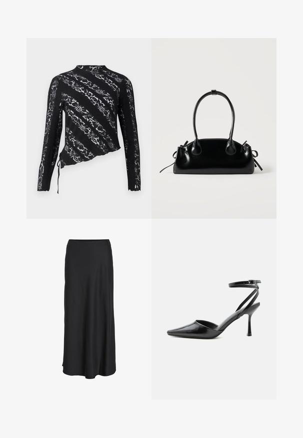 Schwarze Spitzen-Bluse mit langen Ärmeln und asymmetrischem Design, mit komplizierten Mustern, strukturiertem Stoff und verstellbarem Seitenbindedetail.; Schwarzer Maxirock aus glattem, leichtem Stoff. Verfügt über eine einfache A-Linien-Silhouette mit leicht ausgestelltem Saum und ohne sichtbare Verschlüsse.; Schwarzer spitzer High Heel mit dünnen Knöchelriemen und silberner Schnalle auf einfachem hellem Hintergrund.; Kleine schwarze glänzende Handtasche mit zwei langen Griffen und seitlichen Kordelzug-Details vor einfachem hellem Hintergrund.