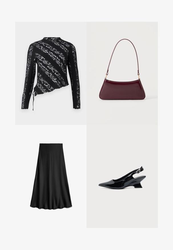 Schwarze Spitzen-Bluse mit langen Ärmeln und asymmetrischem Design, mit komplizierten Mustern, strukturiertem Stoff und verstellbarem Seitenbindedetail.; Schwarzer Satinrock in A-Linie mit glatter Textur und fließendem Saum, knielang, auf weißem Hintergrund dargestellt.; Schwarzer Slingback-Schuh aus Lackleder mit spitzer Spitze und niedrigem, schrägem Blockabsatz auf einfachem hellem Hintergrund.; Dunkelburgunderfarbene, glänzende Handtasche mit einem einzigen dünnen Griff und einer schlanken, trapezförmigen Form auf einem schlichten hellen Hintergrund.