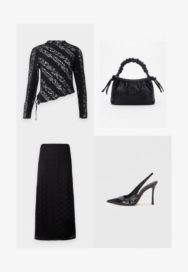 Schwarze Spitzen-Bluse mit langen Ärmeln und asymmetrischem Design, mit komplizierten Mustern, strukturiertem Stoff und verstellbarem Seitenbindedetail.; Schwarzer Spitzen-Midi-Rock mit floralem Muster, gerader Schnitt und subtiler Textur, vor einem schlichten weißen Hintergrund präsentiert.; Schwarze Leder Slingback-Pumpe mit spitzer Zehe, geraffter Textur an der Vorderseite und hohem Stilettoschuh.; HVISK ARCADIA MATTE TRACE - Handtasche - black
