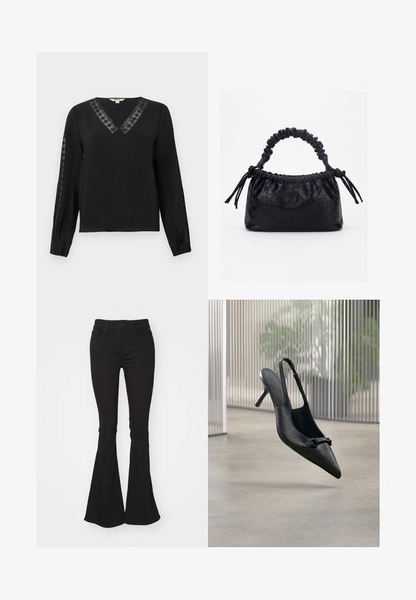 Sort langærmet bluse med V-udskæring og blondekant langs udskæringen og yderærmerne, elastiske manchetter, enkelt og elegant design.; Sorte flared jeans med høj talje, der har en standard knap- og lynlåslukning, to forlommer og et let struktureret stof.; Sort tekstureret læder slingback højhælet sko med spids tå og lille dekorativ spænde, svævende over en glat gulv.; Sort taske med krokodilletekstur, rynket øverste kant, samlet hank og snore med kvaster på hver side mod en hvid baggrund.