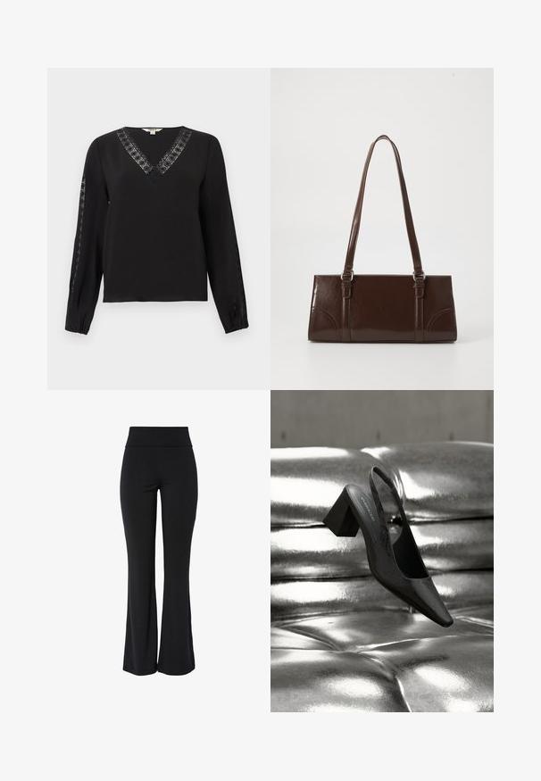 Zwarte blouse met lange mouwen, V-hals en kanten rand langs de halslijn en de buitenkant van de mouwen, elastische manchetten, eenvoudig en elegant ontwerp.; Zwarte high-waist stretchbroek met iets uitlopende pijp en een glad, naadloos ontwerp tegen een witte achtergrond.; Zwarte slingback hak met een puntige neus, voorzien van een getextureerd oppervlak en een stevige blokhak. Geplaatst tegen een glanzende, metallic achtergrond.; Bruine lakleren handtas met een rechthoekige vorm, twee lange handvatten en subtiele gebogen accenten aan de voorkant.