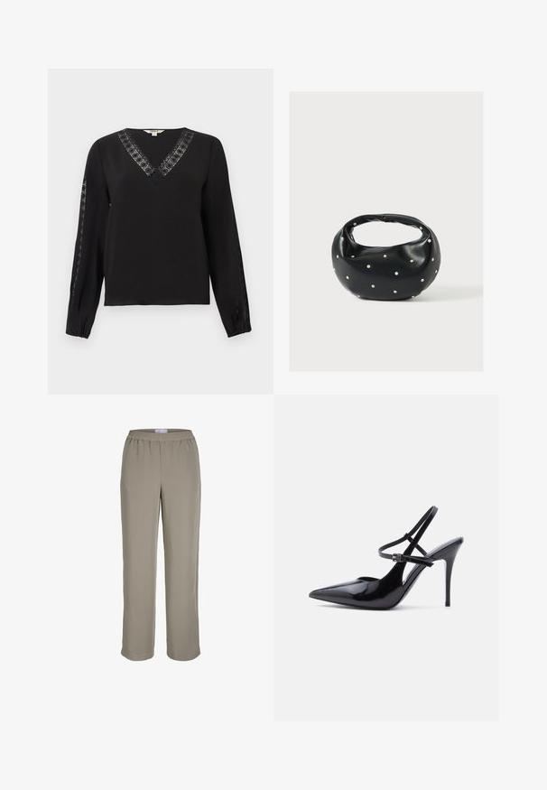 Blouse noire à manches longues avec un décolleté en V et un bord en dentelle le long du col et des manches extérieures, poignets élastiques, design simple et élégant.; Pantalon marron clair à jambes droites avec ceinture élastique, sans poches visibles ni ornements, présenté sur fond blanc.; Chaussure à talon haut en cuir verni noir à bout pointu, avec deux fines brides de cheville ajustables et un talon aiguille, vue de côté.; Sac à main en cuir noir de forme arrondie, décoré de clous argentés et équipé d'une poignée courte. Texture lisse et fermeture éclair.