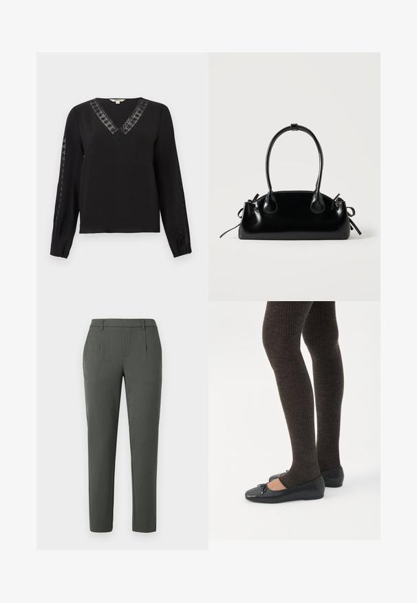 Blouse noire à manches longues avec un décolleté en V et un bord en dentelle le long du col et des manches extérieures, poignets élastiques, design simple et élégant.; Pantalon vert foncé avec une coupe ajustée, doté de deux poches latérales, d'une braguette zippée et de détails de pli pour un design structuré.; Jambes portant des leggings côtelés foncés associés à des ballerines noires avec de petits détails en nœud sur fond blanc.; Petit sac à main noir brillant avec deux longues anses et des détails à cordon sur les côtés sur un fond clair uni.