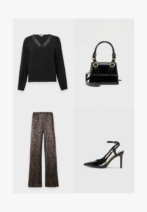 Blouse noire à manches longues avec un décolleté en V et un bord en dentelle le long du col et des manches extérieures, poignets élastiques, design simple et élégant.; Pantalons large à imprimé léopard brun et noir, texture côtelée et taille haute sur un fond blanc uni.; Escarpin en cuir verni noir à talon haut, avec un bout pointu, une bride réglable à la cheville et des côtés ouverts. Texture lisse.; Sac à main en cuir verni noir avec ferrures dorées, double poignées supérieures et une bandoulière ajustable. Design structuré avec coutures accentuées.