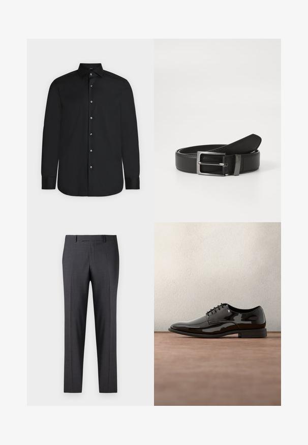 Chemise noire à manches longues avec boutons, col pointu et boutons blancs, présentée à plat sur un fond clair.; Pantalons gris foncé ajustés en tissu lisse et texturé ; dotés d'un devant plat et de jambes droites ; design minimaliste sans accents visibles.; Chaussure de dress en cuir verni noir avec un bout arrondi, un design à lacets et une surface lisse et brillante. Dispose d'une semelle en caoutchouc discrète.; Ceinture en cuir noir avec une boucle en métal argenté, présentant une finition lisse et un design classique. La ceinture est soigneusement pliée.