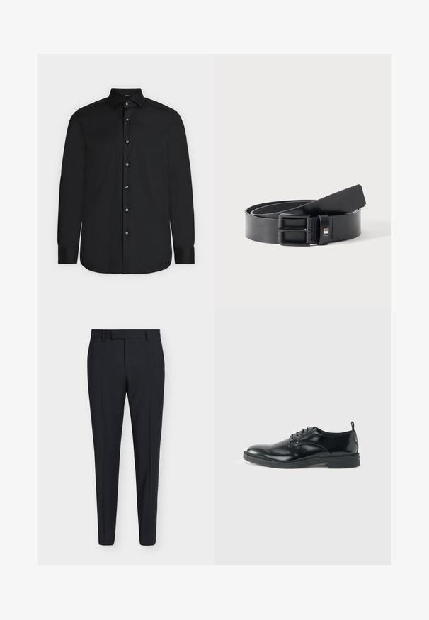 Chemise noire à manches longues avec boutons, col pointu et boutons blancs, présentée à plat sur un fond clair.; Pantalon formel noir slim fit avec passants de ceinture, fermeture éclair à l'avant et plis marqués, présenté sur un fond clair uni.; Chaussure habillée en cuir noir brillant avec un petit talon, fermeture à lacets et bout rond, vue de côté sur un fond uni et clair.; Ceinture en cuir noir avec boucle métallique noire mate, légèrement enroulée avec l'extrémité de la lanière reposant sur une surface blanche.