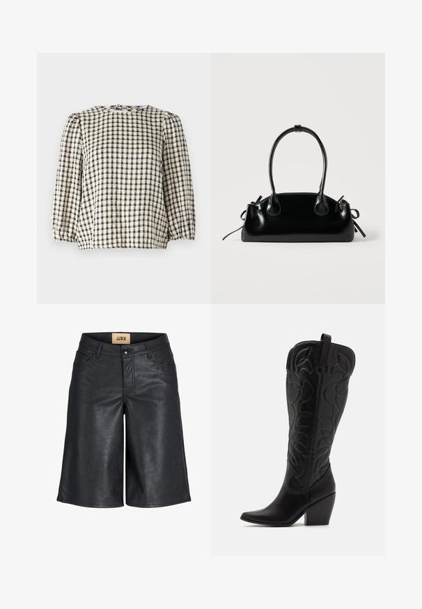 Sort og beige ternet bluse med rund halsudskæring, puffede lange ærmer og sammenkrøllede kantdetaljer. Fremstillet af et let stof.; Sorte knælange shorts i imiteret læder med frontknap, bæltestropper og JJXX-mærke på den indvendige talje.; Sorte knæhøje støvler i læder med spids snude og lagdelt hæl. Har dekorative syninger og buede designelementer.; Lille sort blank håndtaske med to lange håndtag og snøre-detaljer i siden på en ensfarvet lys baggrund.