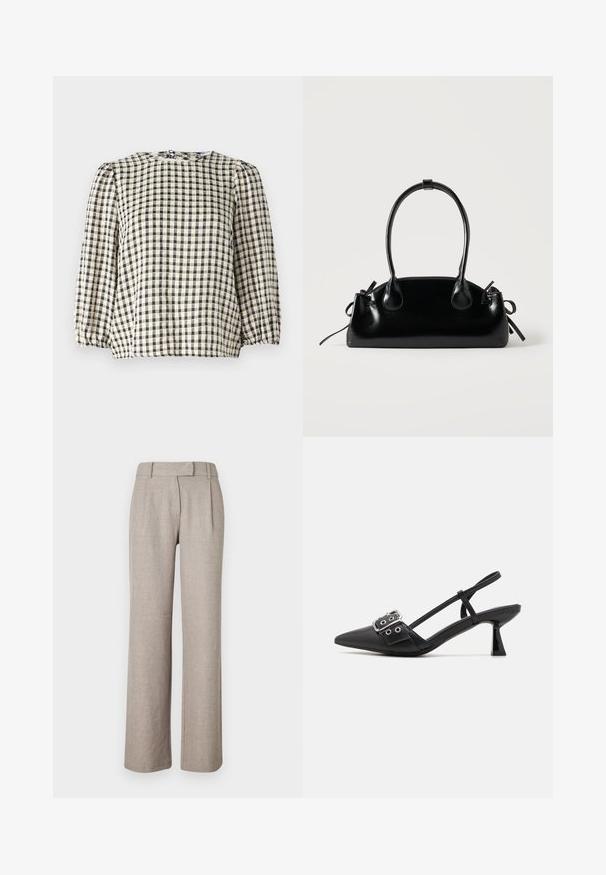 Blusa a cuadros en negro y beige con escote redondo, mangas largas abullonadas y detalle de dobladillo fruncido. Confeccionada en una tela ligera.; Pantalones beige a medida de una tela texturizada, con un diseño de pierna recta y plisados en la parte delantera. Sin hardware ni patrones visibles.; Simmi London DALA - Tacones - black; Pequeño bolso negro brillante con dos asas largas y detalles de cordón lateral sobre un fondo claro liso.