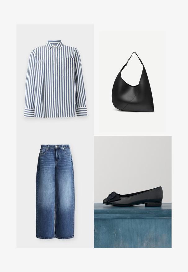 Chemise à manches longues boutonnée avec rayures verticales bleu et blanc, col pointu, poche avant et manches avec poignets à rayures horizontales.; Jean bleu à jambes larges avec fermeture devant par bouton et zip, passants pour ceinture et design classique cinq poches sur fond uni.; Ballerines en cuir noir avec un bout arrondi, dotées d'un cap en cuir verni et d'un accent de nœud en tissu à l'avant. Talon bas et robuste.; Sac à épaule en cuir noir avec forme triangulaire incurvée, une seule sangle ajustable, et une couture diagonale visible à l'avant.