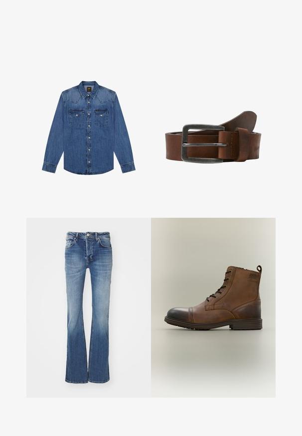 Blauw denim overhemd met lange mouwen, knoopsluiting, twee borstzakken en puntige inzetstukken, gebrandmerkt met een klein Lee-label op de rechterzak.; Verstekte blauwe denim jeans met een gemiddelde wassing, vijf zakken en een knoopsluiting. Bevat een vervaagd textuur en lichte slijtplekken.; Bruine leren enkellaars met veters, zwarte neuskap, ronde zool en merkdetail aan de zijkant tegen een effen achtergrond.; Bruine leren riem met een geborstelde metalen gesp, heeft een gladde textuur en een klassiek ontwerp. De riem loopt naar het einde toe taps toe.