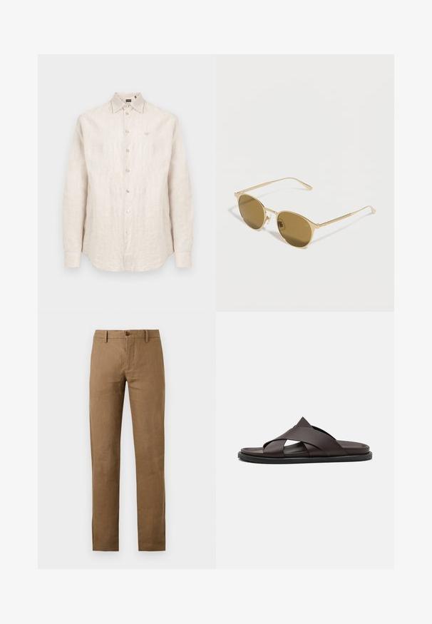 Chemise en lin beige à manches longues avec boutons, col et logo brodé subtil sur la poitrine gauche.; Pantalon marron à jambes droites avec passants de ceinture et fermeture boutonnée et zippée à l'avant sur fond uni.; Stuart Weitzman BERKLEY - Mules - espresso; Lunettes de soleil à monture ronde en métal doré avec des verres teintés marron reposant sur une surface blanche.