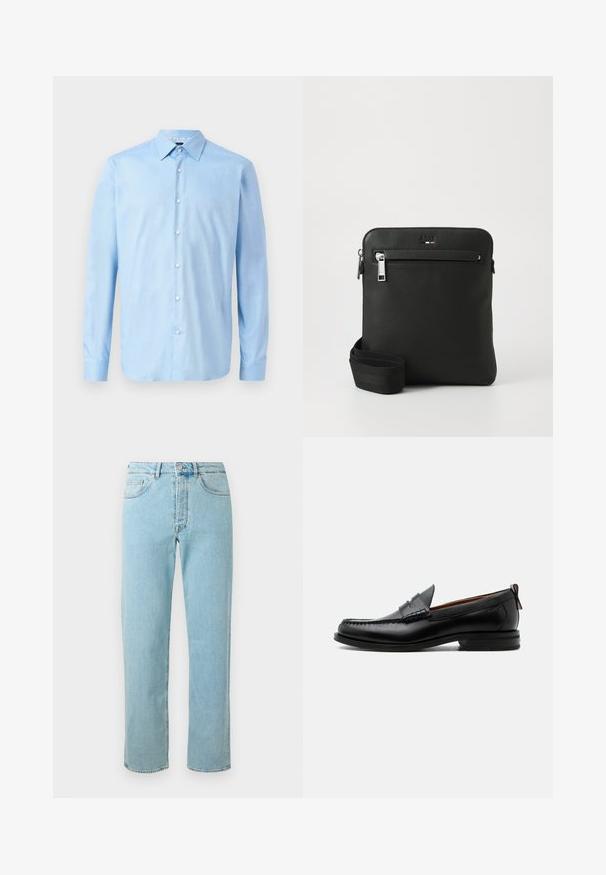 Camisa azul claro de manga larga con botones, fabricada en un tejido suave. Presenta un cuello clásico y una tapeta delantera con botones blancos.; Jeans de mezclilla azul claro con corte recto, que cuentan con cinco bolsillos, cremallera y un ligero desgaste en toda la tela.; Mocasín de hombre de piel negra con costura moc toe, tira penny, cuello texturizado y tacón bajo apilado sobre fondo blanco.; Bolso bandolera de cuero negro con diseño plano, superficie texturizada, cierre con cremallera, bolsillo frontal y una correa de tela ajustable.