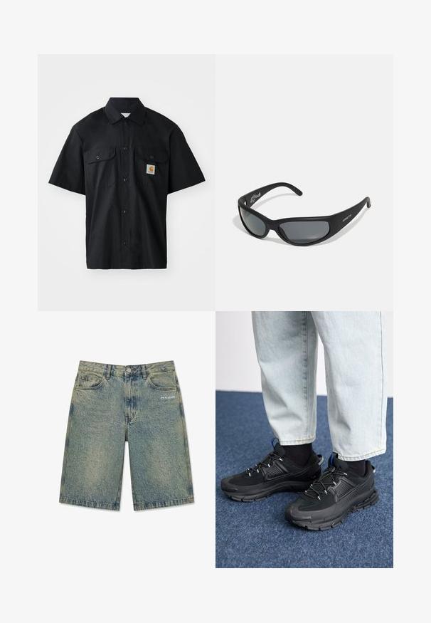 Sort kortærmet skjorte lavet af vævet stof, med knaplukning fortil, to brystlommer og et lille orange logo-patch.; Lyseblå denimshorts med falmet finish, forlommer, bæltestropper, knaplukning og "PEGADOR" logo på højre forlom.; Sorte træningssko med tekstureret stof og gummisåler, udstyret med elastiske snørebånd og en blå detalje på hælen. Bæres med lyse denimbukser.; Sorte solbriller med en buet ramme og mørke linser. Har en mat overflade og mærkenavnet "ARNETTE" på siden.