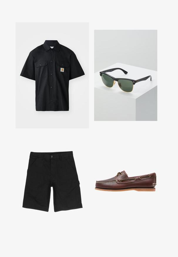 Chemise noire à manches courtes en tissu tissé, avec un devant à boutons, deux poches sur la poitrine et un petit patch logo orange.; Shorts noirs en coton avec une taille plate, deux poches latérales, une fermeture à bouton et une poche cargo sur le côté pour un rangement supplémentaire.; Chaussure bateau en cuir marron avec coutures blanches, détails de lacets et semelle en caoutchouc beige, vue de côté sur fond blanc.; Lunettes de soleil Ray-Ban avec des verres verts, monture en plastique noir et accents dorés sur les bords. Forme carrée avec une finition mate.