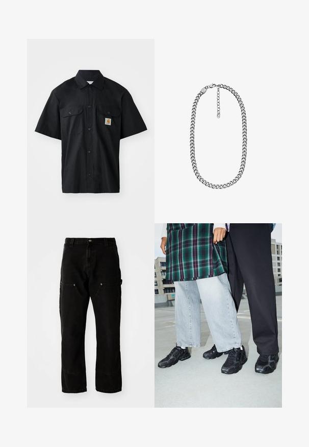 Chemise noire à manches courtes en tissu tissé, avec un devant à boutons, deux poches sur la poitrine et un petit patch logo orange.; Pantalons cargo en denim noir avec une coupe décontractée, comportant deux poches avant, des poches latérales et des détails de couture visibles.; Baskets de sport noires avec des accents en mesh et en caoutchouc. Portées avec un jean large gris clair et un haut à carreaux vert. Fond à surface plane.; Collier chaîne curb ton argent avec fermoir mousqueton et chaîne d'extension réglable sur fond blanc.