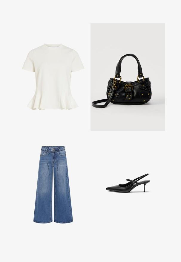 Weiße Bluse mit kurzen Ärmeln, rundem Ausschnitt und ausgestelltem Peplum-Saum, glattem Stoff und schlichtem, maßgeschneidertem Design.; My Essential Wardrobe MWKARO 144 MID XWIDE - Wide Leg - medium blue wash; Schwarze Leder Slingback-Absätze mit einer spitzen Zehenform, schmalem verstellbarem Riemen und einem etwa 5 cm hohen Stiletto-Absatz, glatte Textur.; Schwarze Lederhandtasche mit goldener Schnalle und Nieten, kurzen Griffen und einem verstellbaren Schultergurt vor einem schlichten weißen Hintergrund.