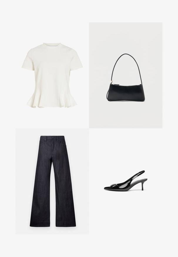 Blusa blanca de manga corta con cuello redondo y bajo peplum acampanado, tela lisa y diseño sencillo y entallado.; Pantalones vaqueros de pierna ancha en denim oscuro con una textura suave, diseño tradicional de cinco bolsillos y un sutil brillo, con un cierre de botón.; Tacones slingback de charol negro con punta afilada y acabado brillante. Presentan un tacón delgado y un acento redondeado en el empeine.; Bolso rectangular negro con una correa fina y cierre de cremallera, sobre un fondo blanco liso.