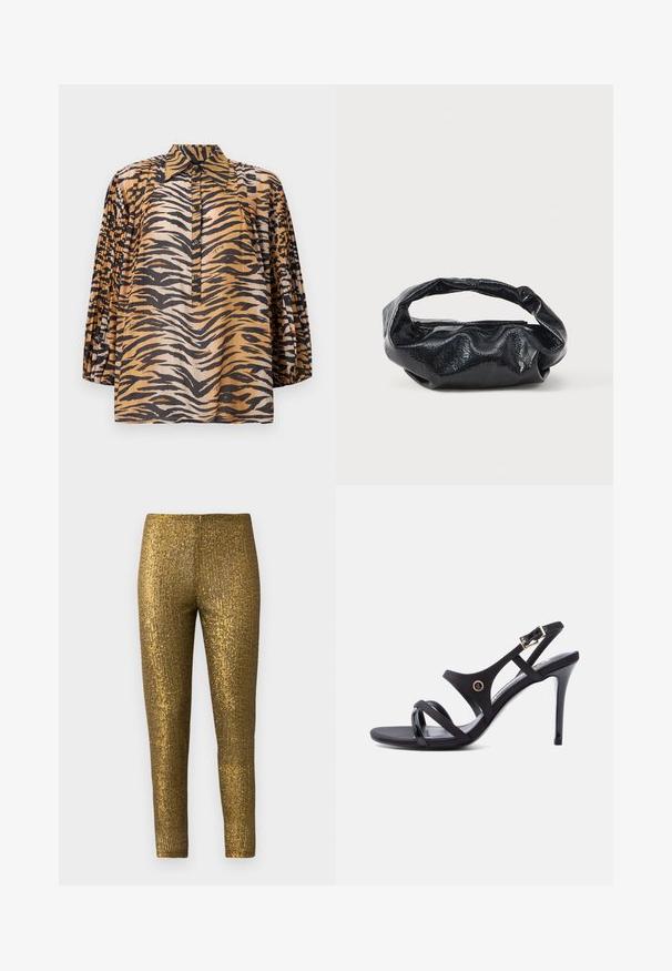Blouse met lange mouwen met geplooide mouwen, tijgerprint in tinten oranje, zwart en beige, en een knopenlijst aan de voorkant met een puntige kraag.; Gouden metallic legging met een getextureerd, verticaal streep patroon. De stof heeft een glanzende afwerking en een slanke, aansluitende pasvorm.; Zwarte sandaal met hoge hakken, dunne bandjes, een enkelgesp en een slanke naaldhak op een witte achtergrond.; Zwarte tas van glanzend, textuur materiaal met een ronde, gedraaide handgreep en een ritsluiting. Heeft een zacht, gekreukt ontwerp.