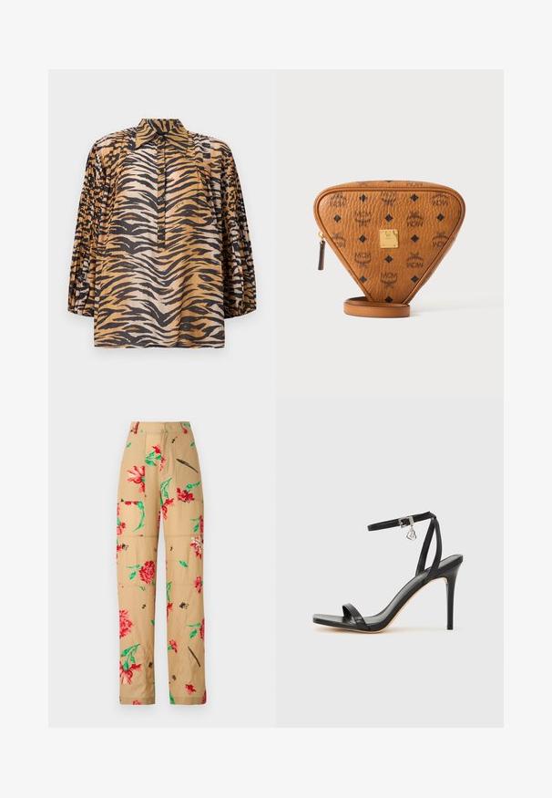 Langærmet bluse med plisserede ærmer, tigerprint i nuancer af orange, sort og beige samt knaplukning foran med spids krave.; Blomstermønstret bukser med en beige baggrund, prydet med røde og grønne blomster samt sorte detaljer. Løs pasform med sidelommer.; Sort hæl-sandal med smal ankrem, firkantet tå-boks, glat lædermateriale og metalspænde som pynt.; Brun trekantet lædertaske med sort MCM-logo, guldmetalmærke og lynlås på hvid baggrund.
