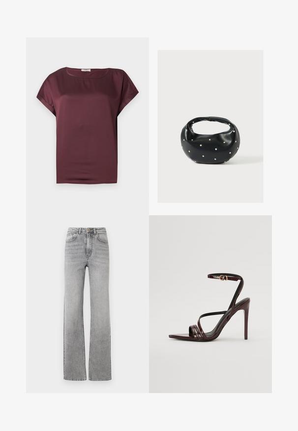 Donker bordeaux satijnen blouse met korte mouwen, ronde halslijn en losse pasvorm, afgebeeld op een effen lichtgrijze achtergrond.; Rechtersleg faded grijze denim jeans met een knoop- en ritssluiting, voorzakken en riemlussen op een witte achtergrond.; Bordeaux gepatineerde leren hoge hakken sandaal met een enkelbandje, puntige neus en drie horizontale banden over de voet. Details met gouden gesp.; Zwarte leren handtas met een afgeronde vorm, versierd met zilveren studs, en een korte handgreep. Gladde textuur en ritsluiting.
